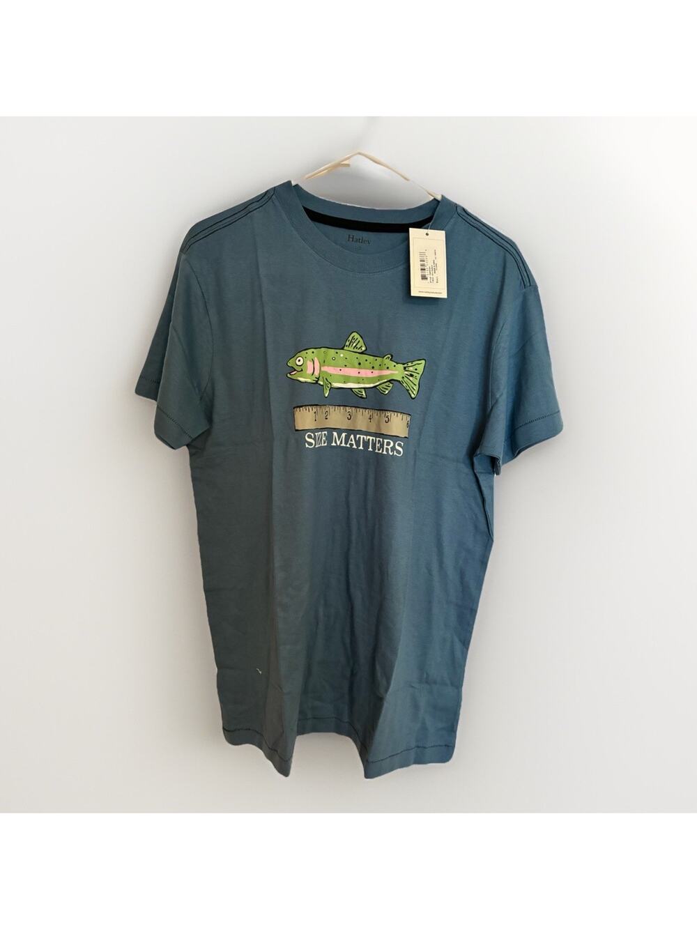 Hatley Mens Lg T-Shirt Size Matters Fishing Short Sleeve Tee Top Blue Cotton NEW